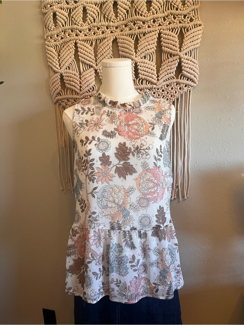 LOFT White Floral Ruffle Neck Sleeveless Peplum Top